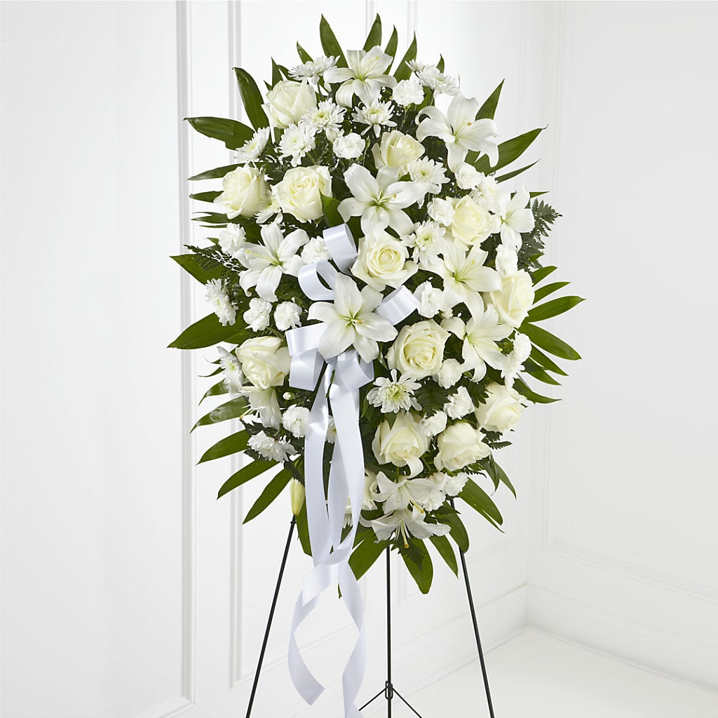 Exquisite Tribute Standing Spray-White Ribbon – White Eagle Flowers, Chicago IL